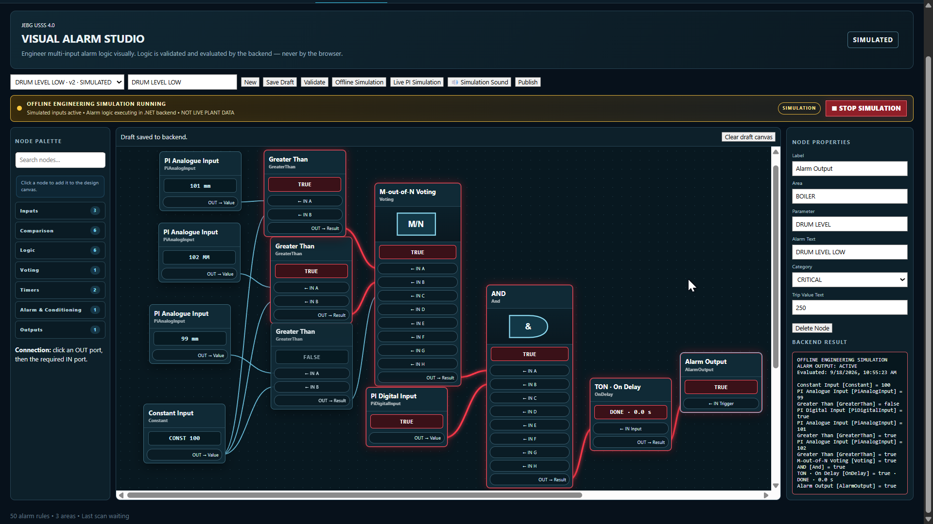 JEBG Visual Alarm Studio graph simulation